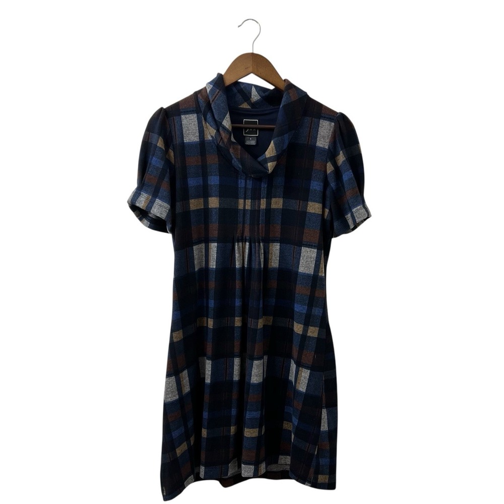 Jessica Howard JH Cowl Neck Sweater Dress Size S Brown Blue Plaid Fit &‎ Flare - Picture 1 of 4